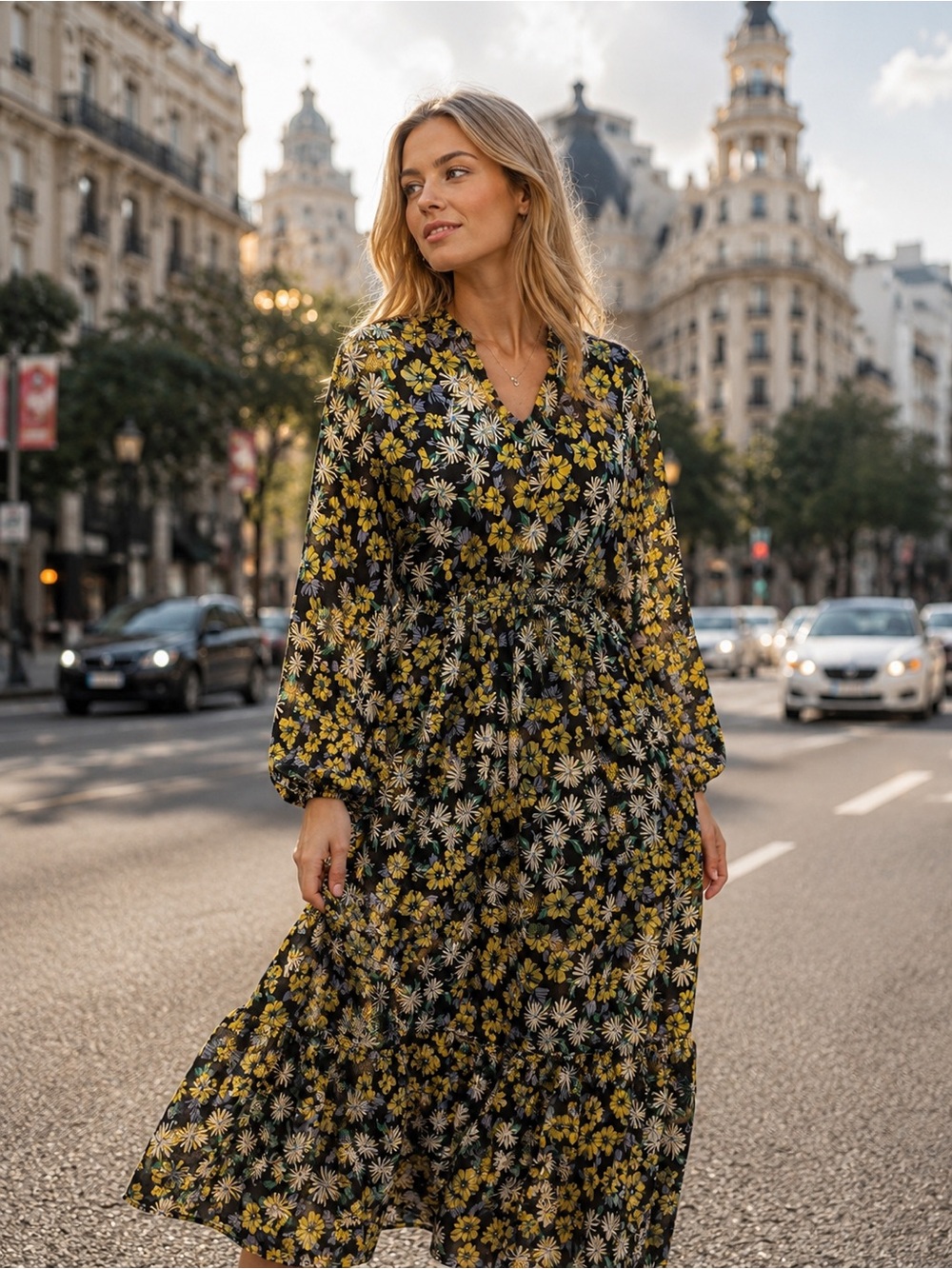 Mango Black Floral Dress with Yellow, White & Green Accents, polyester, L
